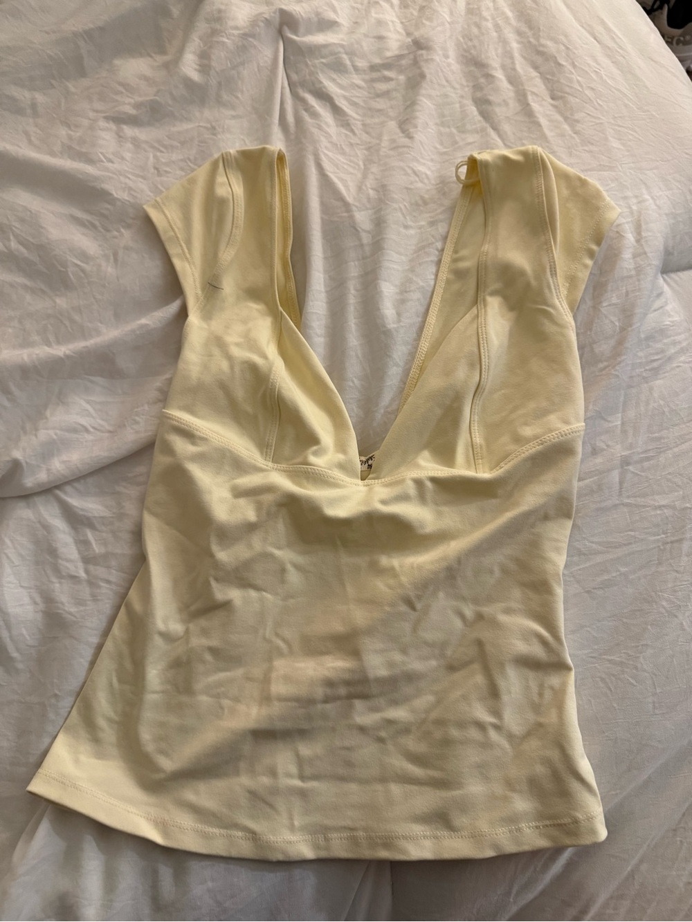 Free People Pale Yellow Deep V Short Sleeve Tee